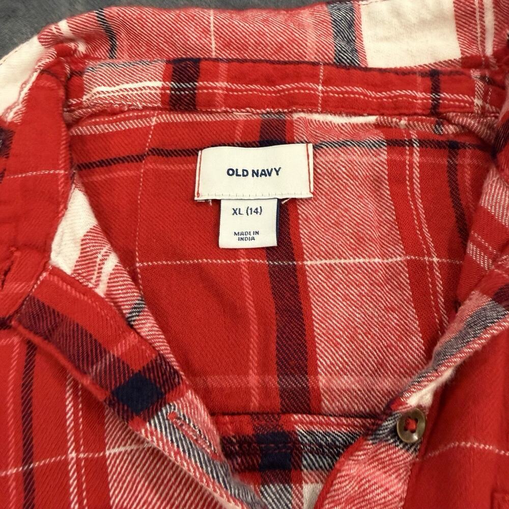 Old Navy Girls Sz XL 14 Plaid Flannel Red Shirt Dress Button-Up W/ Tie Waist - Picture 3 of 10